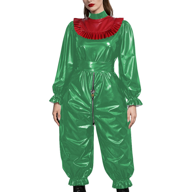 Adult Gothic Punk PVC Fetish Open-crotch Jumpsuit Shiny Vinyl Ruffle Trim Cosplay Sets Erotic Lock Zipper Nightclub Crossdresser