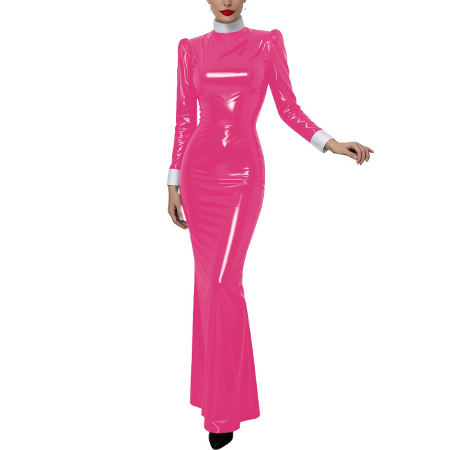 Halloween Women Cosplay Nun High Neck Maxi Dress Gothic Contrast Cuff Collar Bodycon Gown Shiny PVC Elegant Party Long Dress