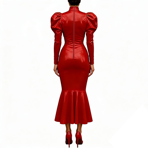 Vintage Glossy PVC Leather Dress High Neck Mermaid Dress Party Puff Sleeve Cosplay Bodycon Formal Bow Tie Gown Crossdresser