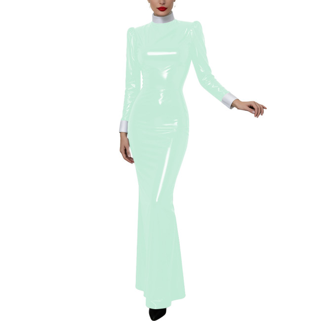 Halloween Women Cosplay Nun High Neck Maxi Dress Gothic Contrast Cuff Collar Bodycon Gown Shiny PVC Elegant Party Long Dress