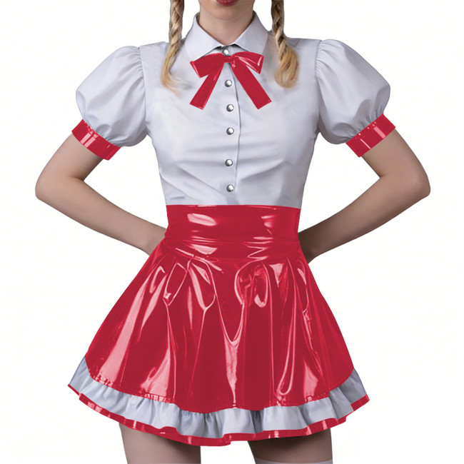 Women Fashion Forward Vinyl PVC Bodycon Maid Sets Sweet Puff Sleeve Sexy Top Party Cosplay Unifom Contrast Ruffle Clubwear Skirt