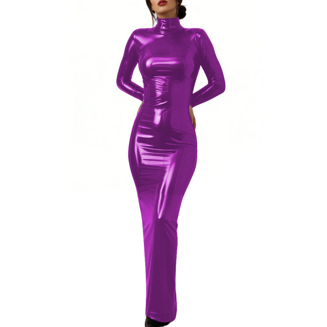 Elegant Glossy PVC Leather Lockable Dress High Neck Cosplay Maxi Dress Sexy Bodycon Long Sleeve Formal Party Gown Crossdresser