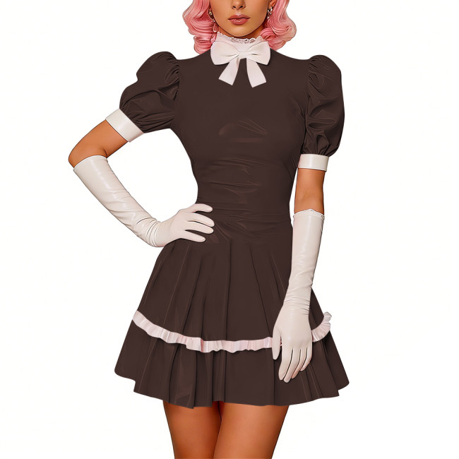 Sweet Glossy PVC Leather Party Maid Dress Halloween Lolita Puff Sleeve Uniforms Bow Collar Cosplay Costume French Crossdresser