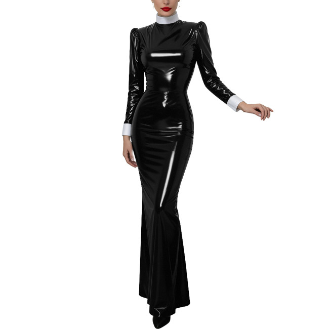 Halloween Women Cosplay Nun High Neck Maxi Dress Gothic Contrast Cuff Collar Bodycon Gown Shiny PVC Elegant Party Long Dress