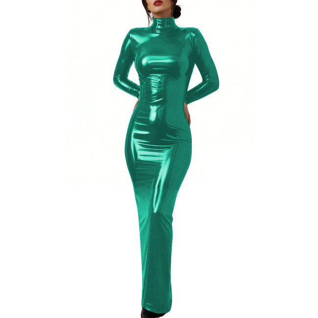 Elegant Glossy PVC Leather Lockable Dress High Neck Cosplay Maxi Dress Sexy Bodycon Long Sleeve Formal Party Gown Crossdresser