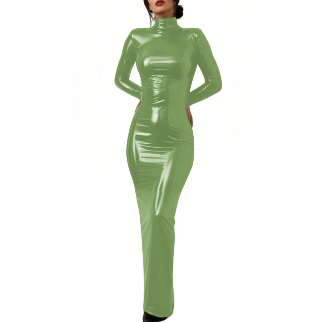 Elegant Glossy PVC Leather Lockable Dress High Neck Cosplay Maxi Dress Sexy Bodycon Long Sleeve Formal Party Gown Crossdresser