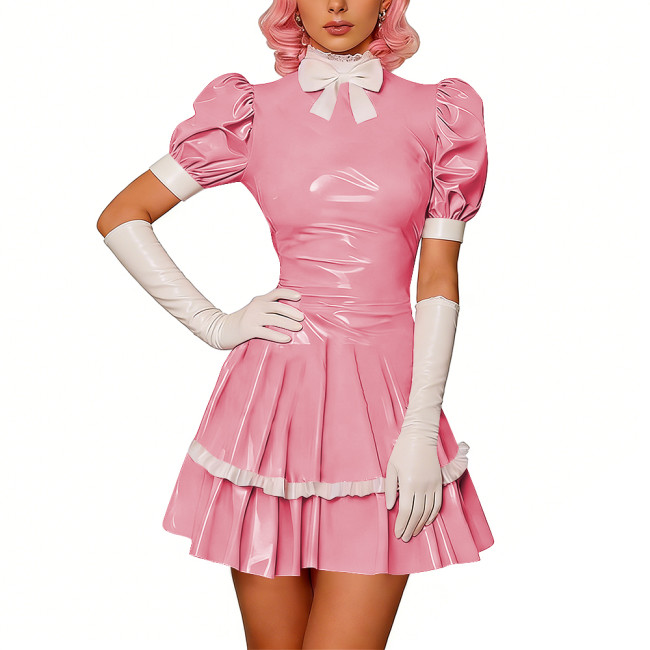 Sweet Glossy PVC Leather Party Maid Dress Halloween Lolita Puff Sleeve Uniforms Bow Collar Cosplay Costume French Crossdresser