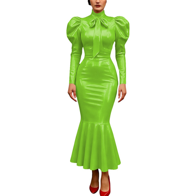 Vintage Glossy PVC Leather Dress High Neck Mermaid Dress Party Puff Sleeve Cosplay Bodycon Formal Bow Tie Gown Crossdresser