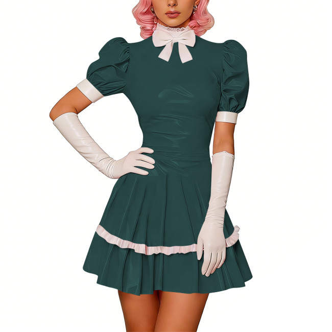 Sweet Glossy PVC Leather Party Maid Dress Halloween Lolita Puff Sleeve Uniforms Bow Collar Cosplay Costume French Crossdresser