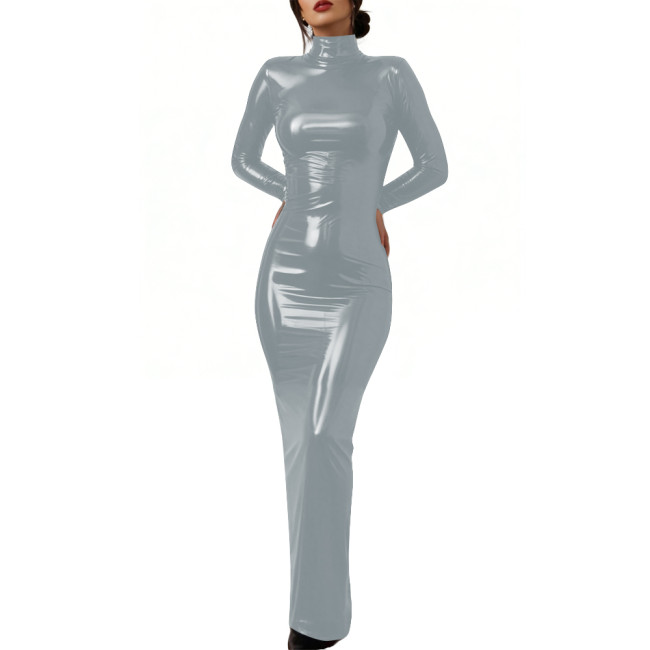 Elegant Glossy PVC Leather Lockable Dress High Neck Cosplay Maxi Dress Sexy Bodycon Long Sleeve Formal Party Gown Crossdresser