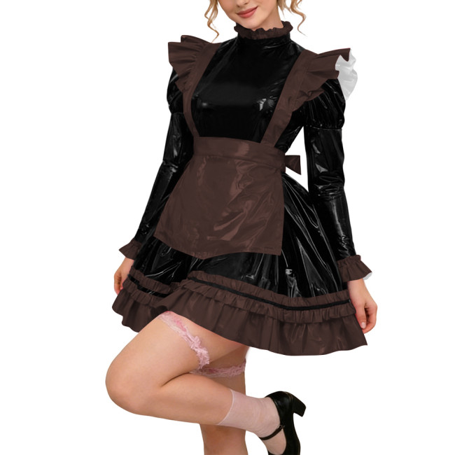 Glossy PVC Leather Long Sleeve Lolita Sexy Wetlook Cosplay Back Zipper Maid Dress A-Line Short Party Dress Women Apron Clubwear