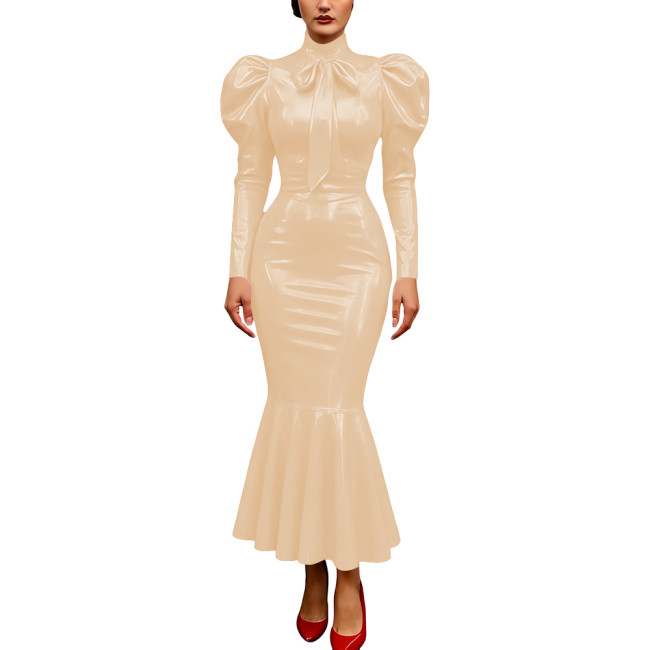 Vintage Glossy PVC Leather Dress High Neck Mermaid Dress Party Puff Sleeve Cosplay Bodycon Formal Bow Tie Gown Crossdresser