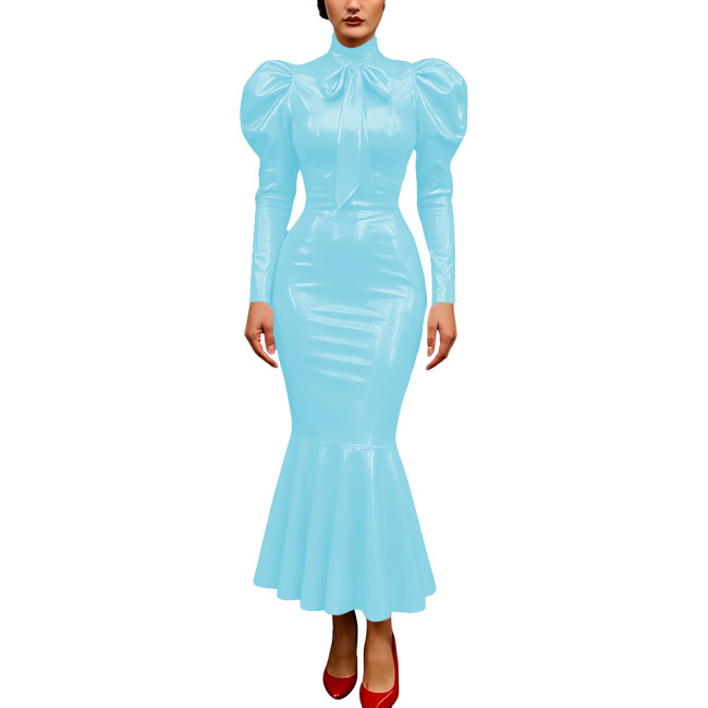 Vintage Glossy PVC Leather Dress High Neck Mermaid Dress Party Puff Sleeve Cosplay Bodycon Formal Bow Tie Gown Crossdresser