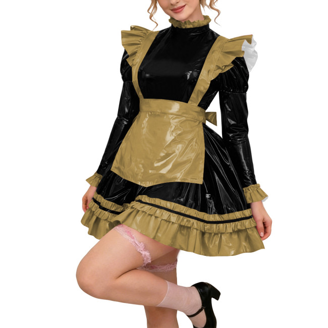 Glossy PVC Leather Long Sleeve Lolita Sexy Wetlook Cosplay Back Zipper Maid Dress A-Line Short Party Dress Women Apron Clubwear