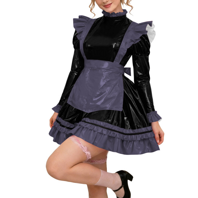 Glossy PVC Leather Long Sleeve Lolita Sexy Wetlook Cosplay Back Zipper Maid Dress A-Line Short Party Dress Women Apron Clubwear
