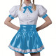 Women Fashion Forward Vinyl PVC Bodycon Maid Sets Sweet Puff Sleeve Sexy Top Party Cosplay Unifom Contrast Ruffle Clubwear Skirt