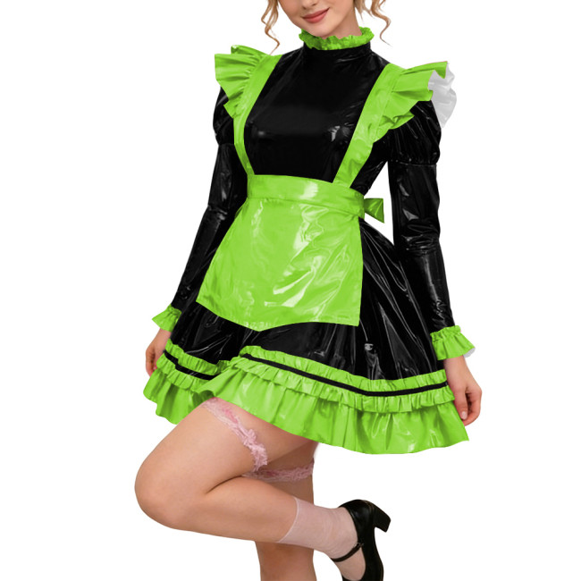 Glossy PVC Leather Long Sleeve Lolita Sexy Wetlook Cosplay Back Zipper Maid Dress A-Line Short Party Dress Women Apron Clubwear