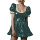 Sexy Back Zipper Wetlook PVC Maid Dress Cosplay A Line Skirt Short Puff Sleeve Mini Dress Contrast Ruffle Trim Fetish Outfit