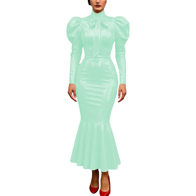 Vintage Glossy PVC Leather Dress High Neck Mermaid Dress Party Puff Sleeve Cosplay Bodycon Formal Bow Tie Gown Crossdresser