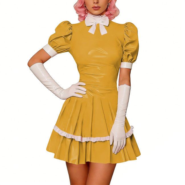 Sweet Glossy PVC Leather Party Maid Dress Halloween Lolita Puff Sleeve Uniforms Bow Collar Cosplay Costume French Crossdresser