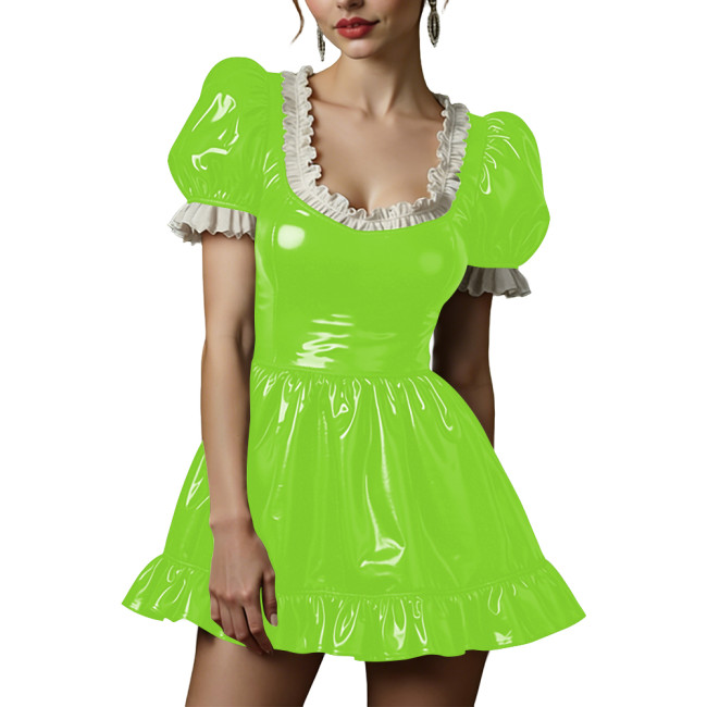 Sexy Back Zipper Wetlook PVC Maid Dress Cosplay A Line Skirt Short Puff Sleeve Mini Dress Contrast Ruffle Trim Fetish Outfit