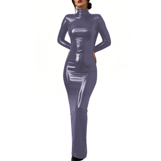 Elegant Glossy PVC Leather Lockable Dress High Neck Cosplay Maxi Dress Sexy Bodycon Long Sleeve Formal Party Gown Crossdresser