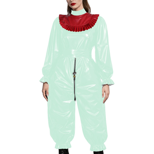 Adult Gothic Punk PVC Fetish Open-crotch Jumpsuit Shiny Vinyl Ruffle Trim Cosplay Sets Erotic Lock Zipper Nightclub Crossdresser