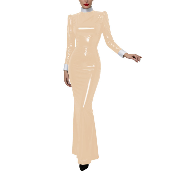 Halloween Women Cosplay Nun High Neck Maxi Dress Gothic Contrast Cuff Collar Bodycon Gown Shiny PVC Elegant Party Long Dress