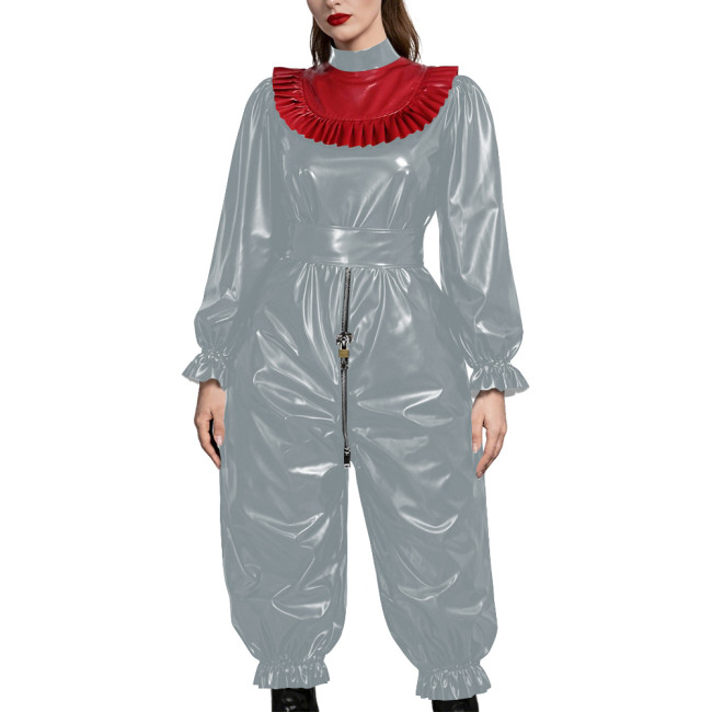 Adult Gothic Punk PVC Fetish Open-crotch Jumpsuit Shiny Vinyl Ruffle Trim Cosplay Sets Erotic Lock Zipper Nightclub Crossdresser