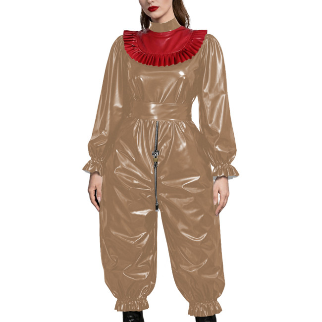 Adult Gothic Punk PVC Fetish Open-crotch Jumpsuit Shiny Vinyl Ruffle Trim Cosplay Sets Erotic Lock Zipper Nightclub Crossdresser