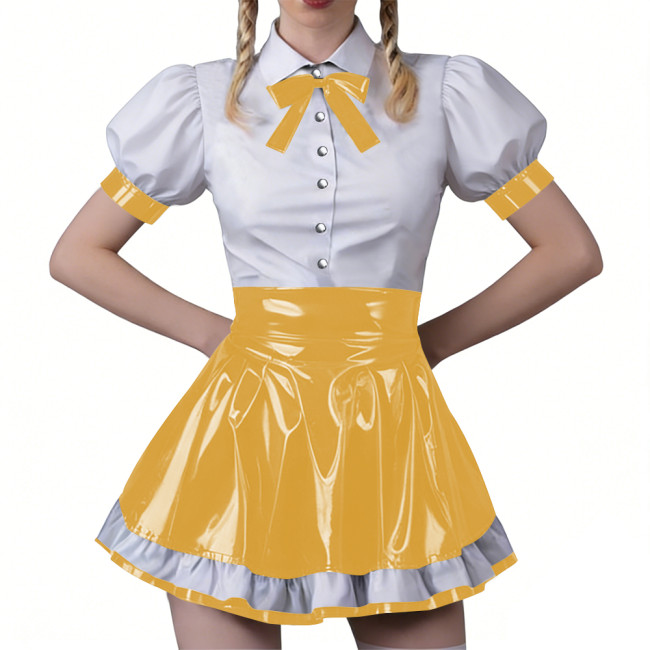 Women Fashion Forward Vinyl PVC Bodycon Maid Sets Sweet Puff Sleeve Sexy Top Party Cosplay Unifom Contrast Ruffle Clubwear Skirt
