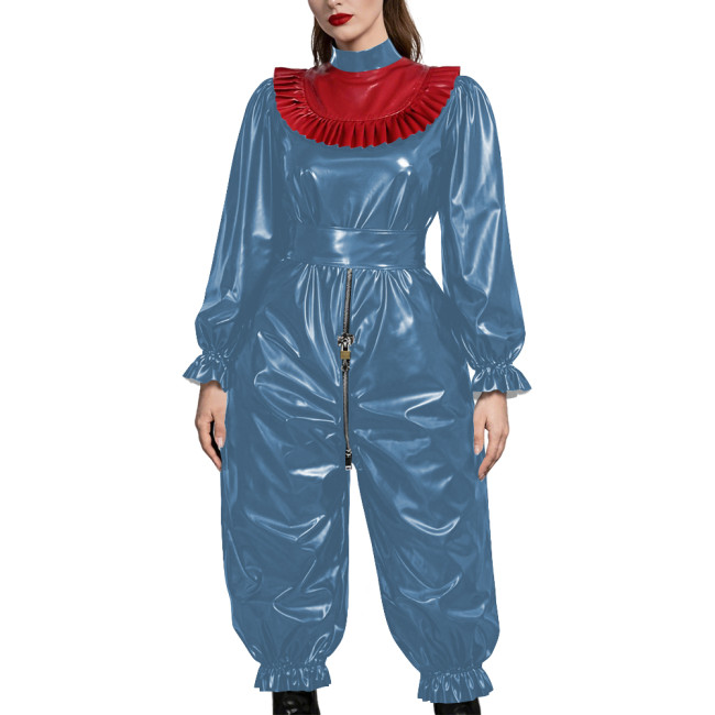 Adult Gothic Punk PVC Fetish Open-crotch Jumpsuit Shiny Vinyl Ruffle Trim Cosplay Sets Erotic Lock Zipper Nightclub Crossdresser