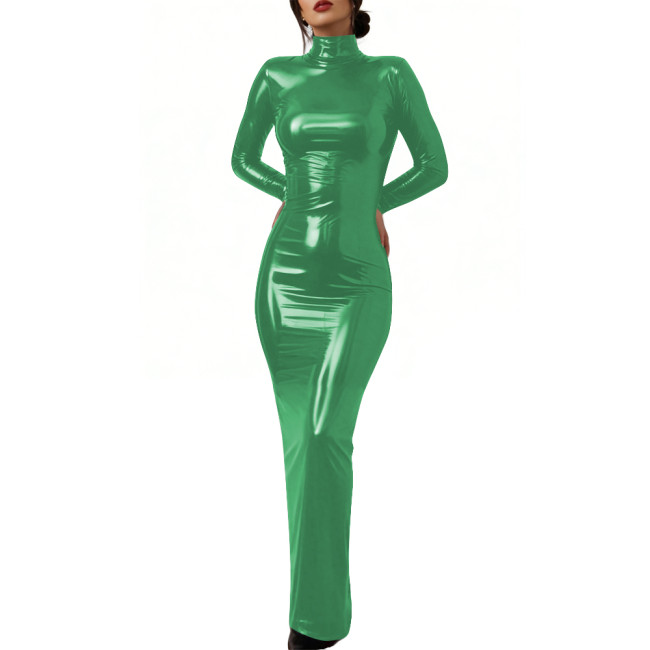 Elegant Glossy PVC Leather Lockable Dress High Neck Cosplay Maxi Dress Sexy Bodycon Long Sleeve Formal Party Gown Crossdresser