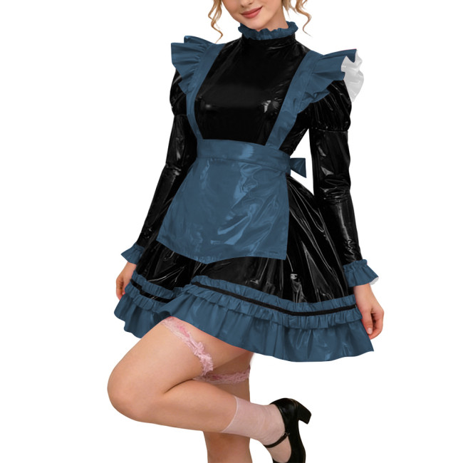 Glossy PVC Leather Long Sleeve Lolita Sexy Wetlook Cosplay Back Zipper Maid Dress A-Line Short Party Dress Women Apron Clubwear