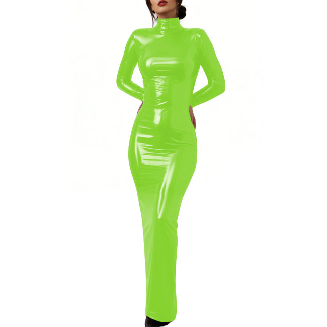 Elegant Glossy PVC Leather Lockable Dress High Neck Cosplay Maxi Dress Sexy Bodycon Long Sleeve Formal Party Gown Crossdresser
