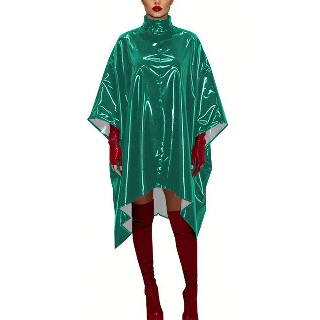 Glossy PVC Leather Sexy Dress Cosplay Batwing Sleeve Loose Fit Cape Party Dress Gothic High Neck Crossdresser Nightclub Wear