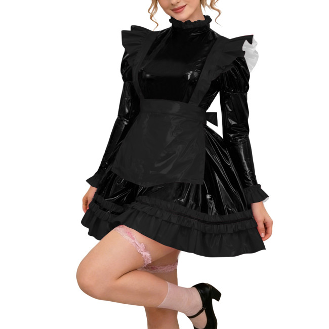 Glossy PVC Leather Long Sleeve Lolita Sexy Wetlook Cosplay Back Zipper Maid Dress A-Line Short Party Dress Women Apron Clubwear