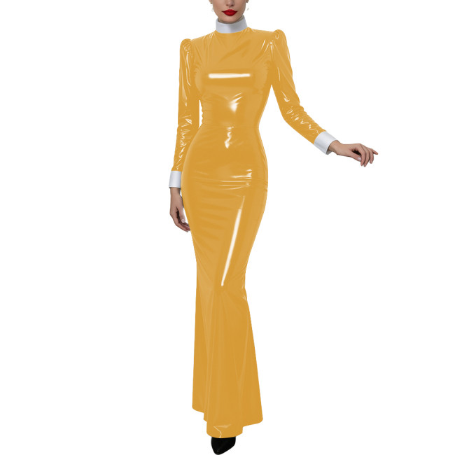 Halloween Women Cosplay Nun High Neck Maxi Dress Gothic Contrast Cuff Collar Bodycon Gown Shiny PVC Elegant Party Long Dress