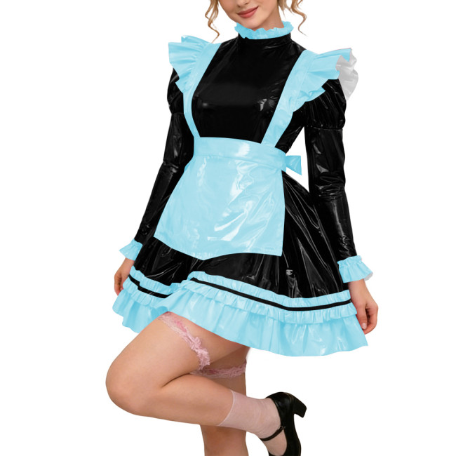Glossy PVC Leather Long Sleeve Lolita Sexy Wetlook Cosplay Back Zipper Maid Dress A-Line Short Party Dress Women Apron Clubwear