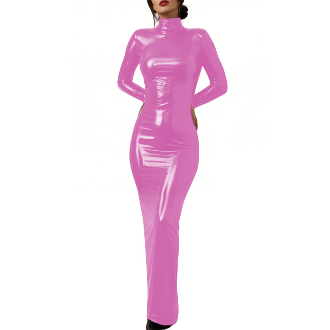 Elegant Glossy PVC Leather Lockable Dress High Neck Cosplay Maxi Dress Sexy Bodycon Long Sleeve Formal Party Gown Crossdresser