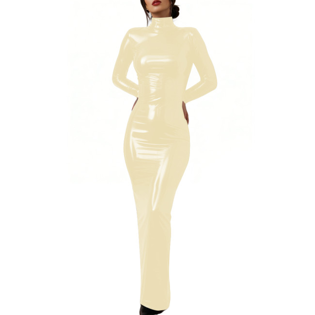 Elegant Glossy PVC Leather Lockable Dress High Neck Cosplay Maxi Dress Sexy Bodycon Long Sleeve Formal Party Gown Crossdresser