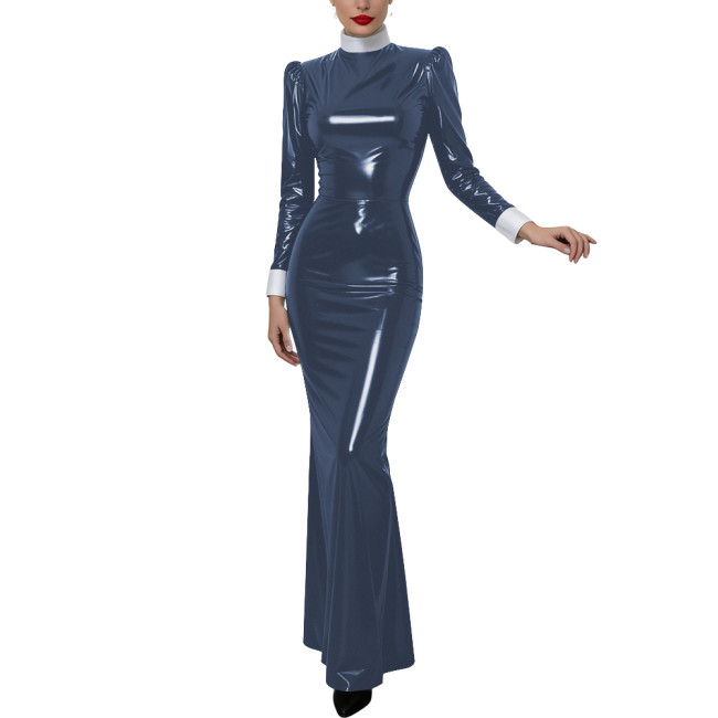 Halloween Women Cosplay Nun High Neck Maxi Dress Gothic Contrast Cuff Collar Bodycon Gown Shiny PVC Elegant Party Long Dress