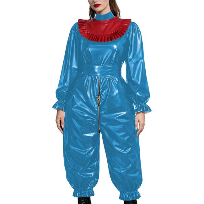 Adult Gothic Punk PVC Fetish Open-crotch Jumpsuit Shiny Vinyl Ruffle Trim Cosplay Sets Erotic Lock Zipper Nightclub Crossdresser