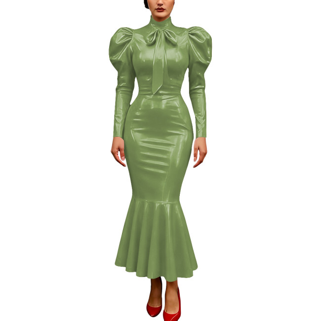 Vintage Glossy PVC Leather Dress High Neck Mermaid Dress Party Puff Sleeve Cosplay Bodycon Formal Bow Tie Gown Crossdresser