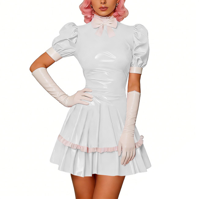 Sweet Glossy PVC Leather Party Maid Dress Halloween Lolita Puff Sleeve Uniforms Bow Collar Cosplay Costume French Crossdresser