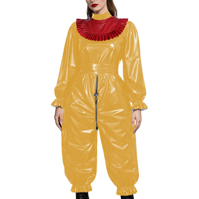 Adult Gothic Punk PVC Fetish Open-crotch Jumpsuit Shiny Vinyl Ruffle Trim Cosplay Sets Erotic Lock Zipper Nightclub Crossdresser