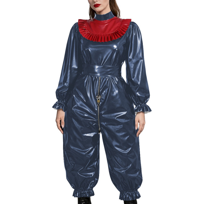 Adult Gothic Punk PVC Fetish Open-crotch Jumpsuit Shiny Vinyl Ruffle Trim Cosplay Sets Erotic Lock Zipper Nightclub Crossdresser