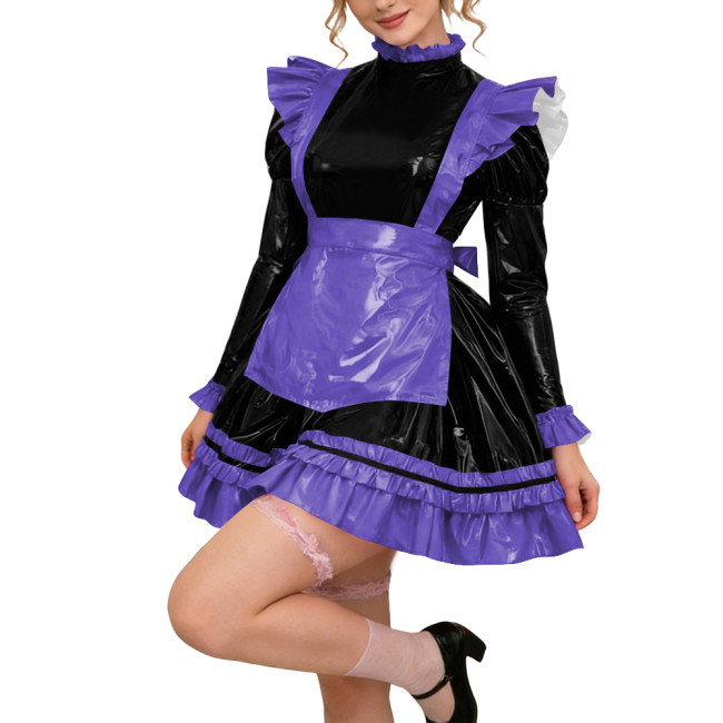 Glossy PVC Leather Long Sleeve Lolita Sexy Wetlook Cosplay Back Zipper Maid Dress A-Line Short Party Dress Women Apron Clubwear