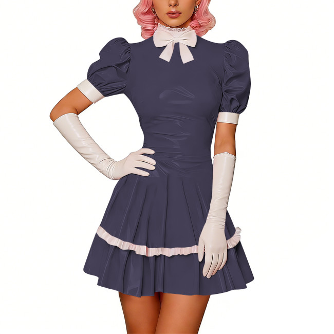 Sweet Glossy PVC Leather Party Maid Dress Halloween Lolita Puff Sleeve Uniforms Bow Collar Cosplay Costume French Crossdresser