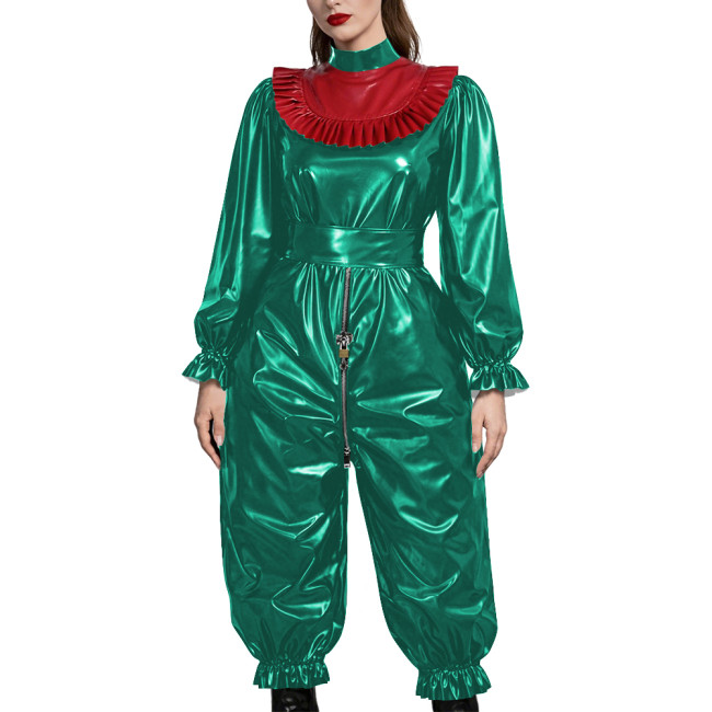 Adult Gothic Punk PVC Fetish Open-crotch Jumpsuit Shiny Vinyl Ruffle Trim Cosplay Sets Erotic Lock Zipper Nightclub Crossdresser